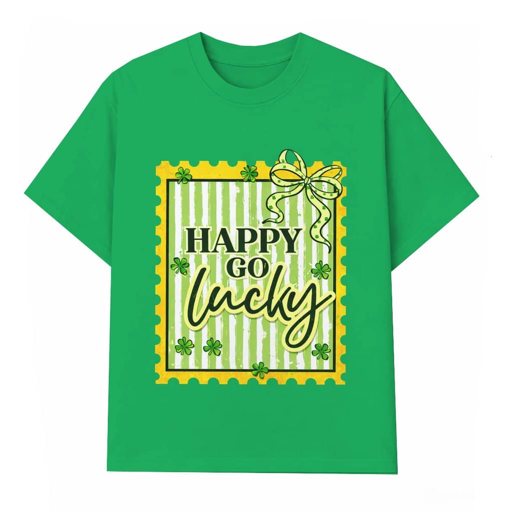 Happy Go Lucky Irish T-shirt – St Patrick's Day Gift for Women Coquette Bow Shamrock