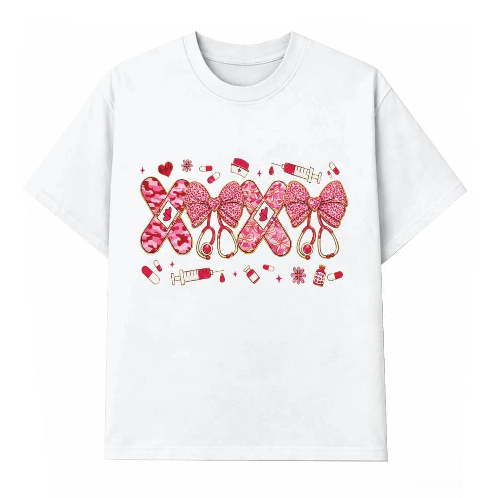 Coquette Leopard Print T-shirt – Valentine's Day Gift for Nurse Pink Heart Graphic