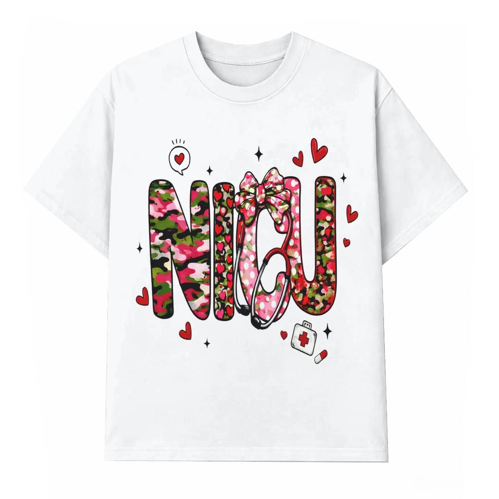 NICU ER Nurse T-shirt – Valentine's Day Gift for Nurse Pink Camo Leopard Print Cute