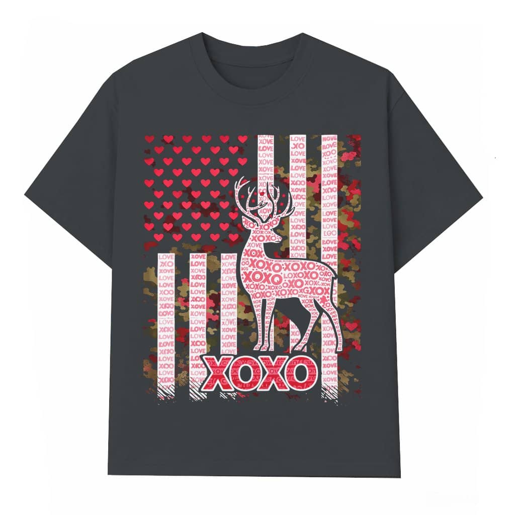 Camo US Flag Deer Hunting Heart T-shirt – Valentine's Day Gift for Hunter