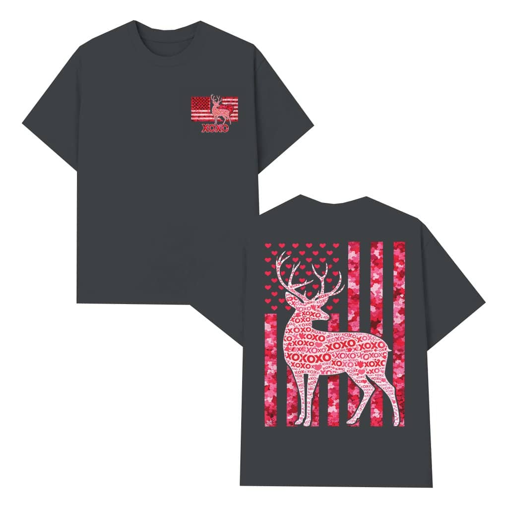 XOXO Pink Buck Deer Wash Tee – Valentine's Day Gift for Deer Hunter Camouflage USA Flag