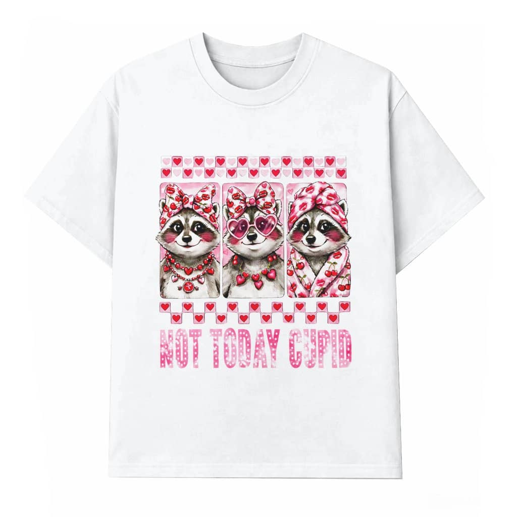 Not Today Cupid Raccoon T-shirt – Anti Valentine Gift for Raccoon Lover Funny Retro Pink