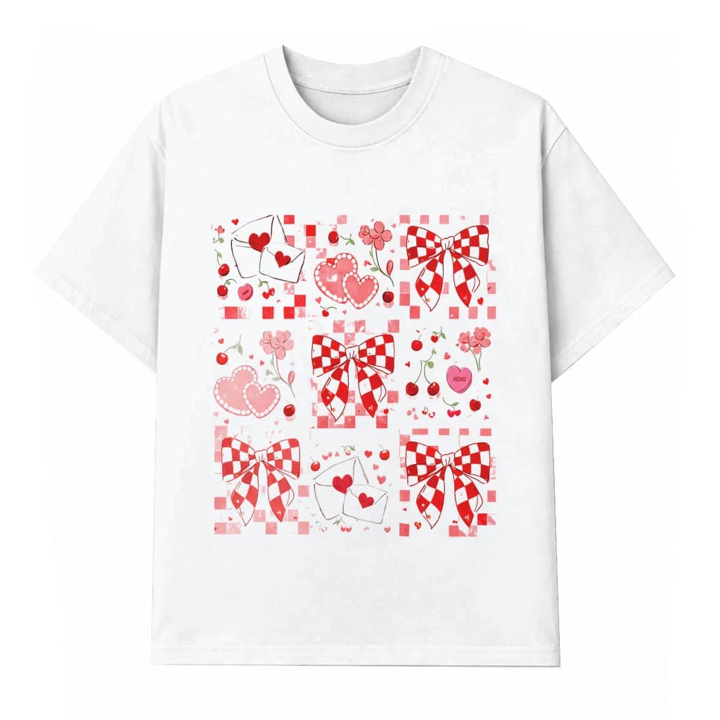 Coquette Bow T-shirt – Valentine's Day Gift for Her Red Gingham Hearts Cherry