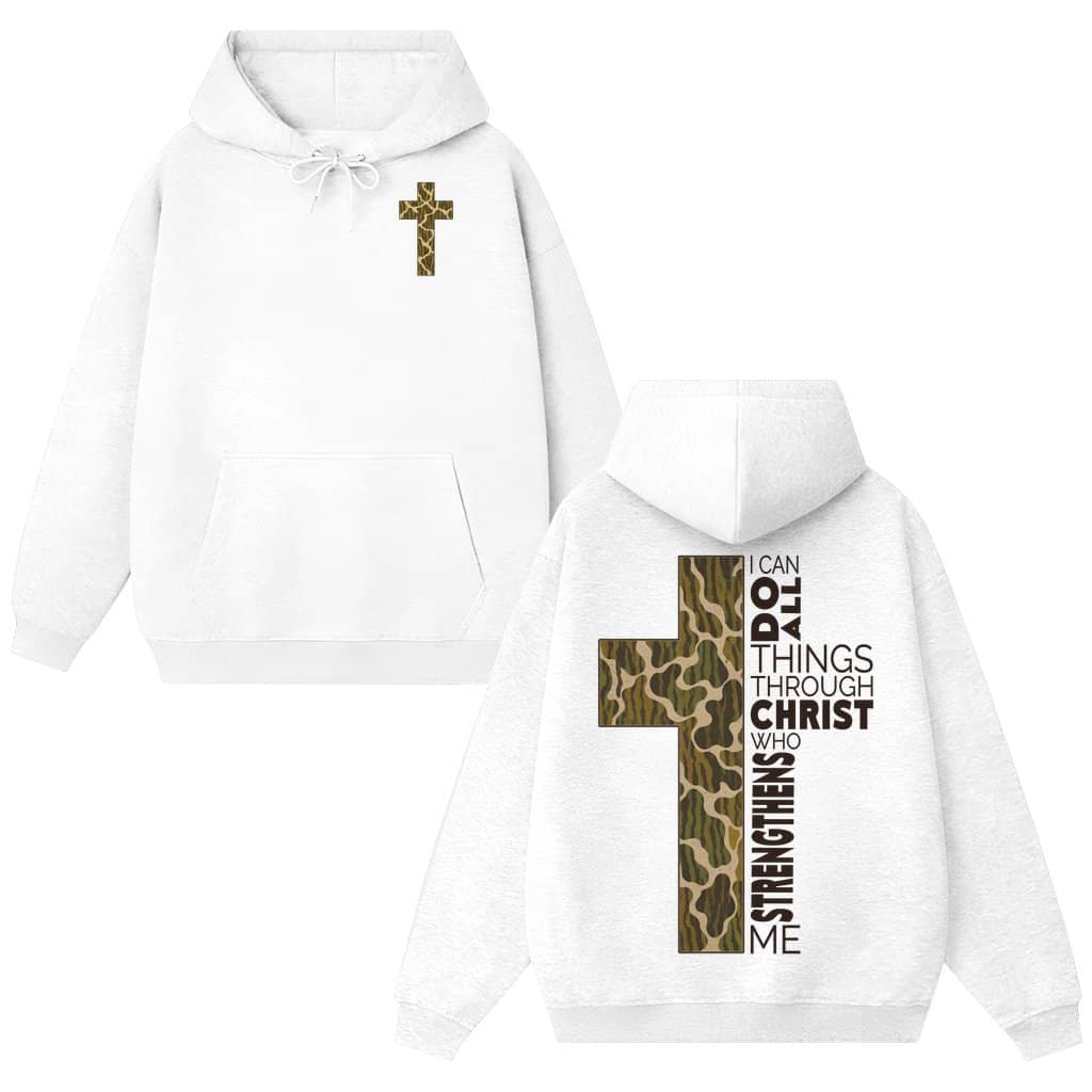 Old School Bottomland Camo Bible Cross I Can Do All Things Through Christ Hoodie – Christian Gift for Religious Believers
