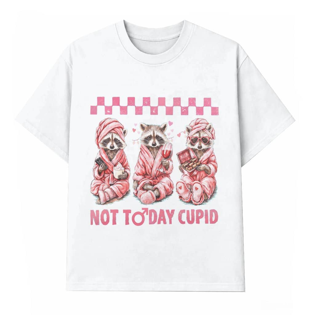 Not Today Cupid Cute Raccoon T-shirt – Valentine's Day Gift for Her Retro Pink