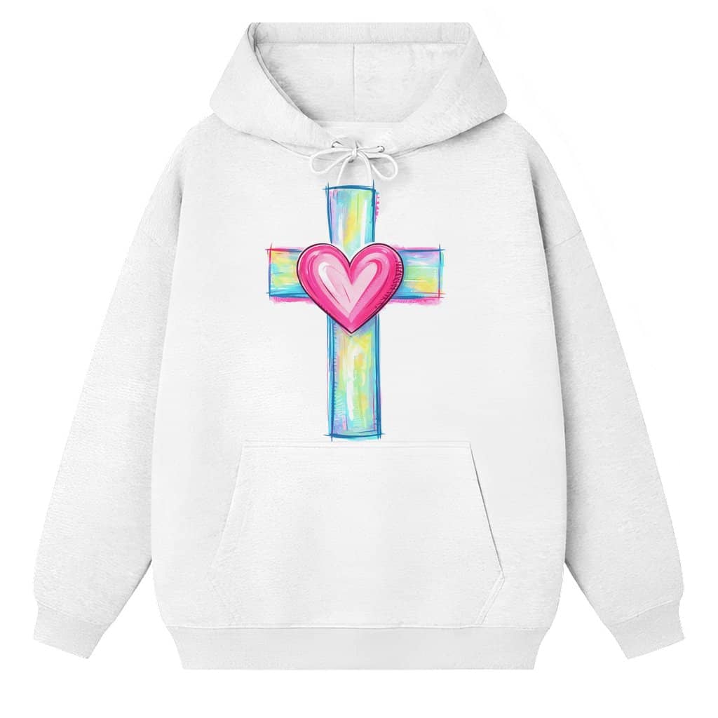 Colorful Christian Heart Cross Hoodie – Valentine's Day Gift for Women Men