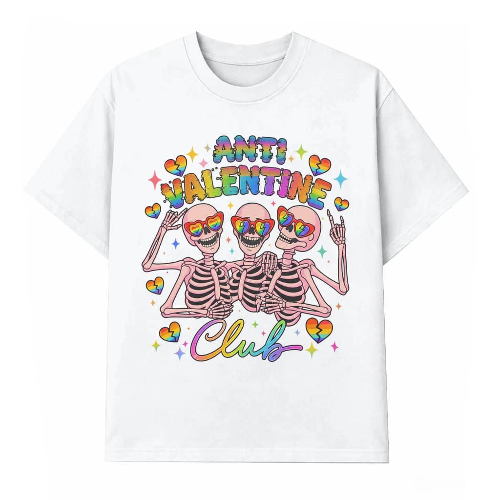 Anti Valentine Club T-shirt – Anti Valentine's Day Rainbow LGBT Skeleton Gift