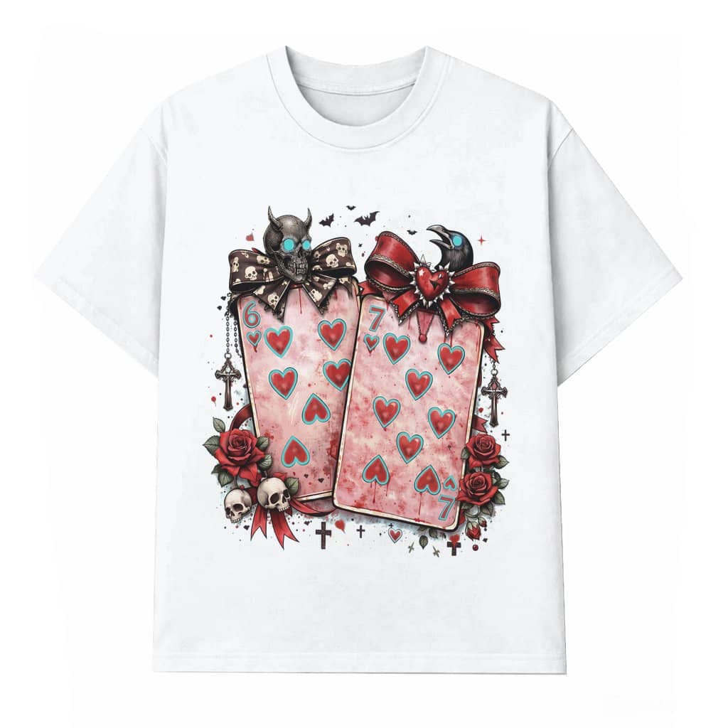 Romantic Gothic Skull Cards Wash Tee – Valentine's Day Gift for Loved One Alternative Love Aesthetic