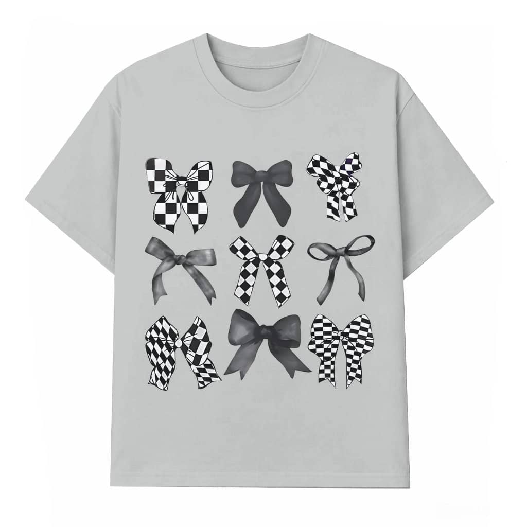 Vintage Coquette Checkered Black Bow T-shirt – Birthday Gift for Her Cute Trendy