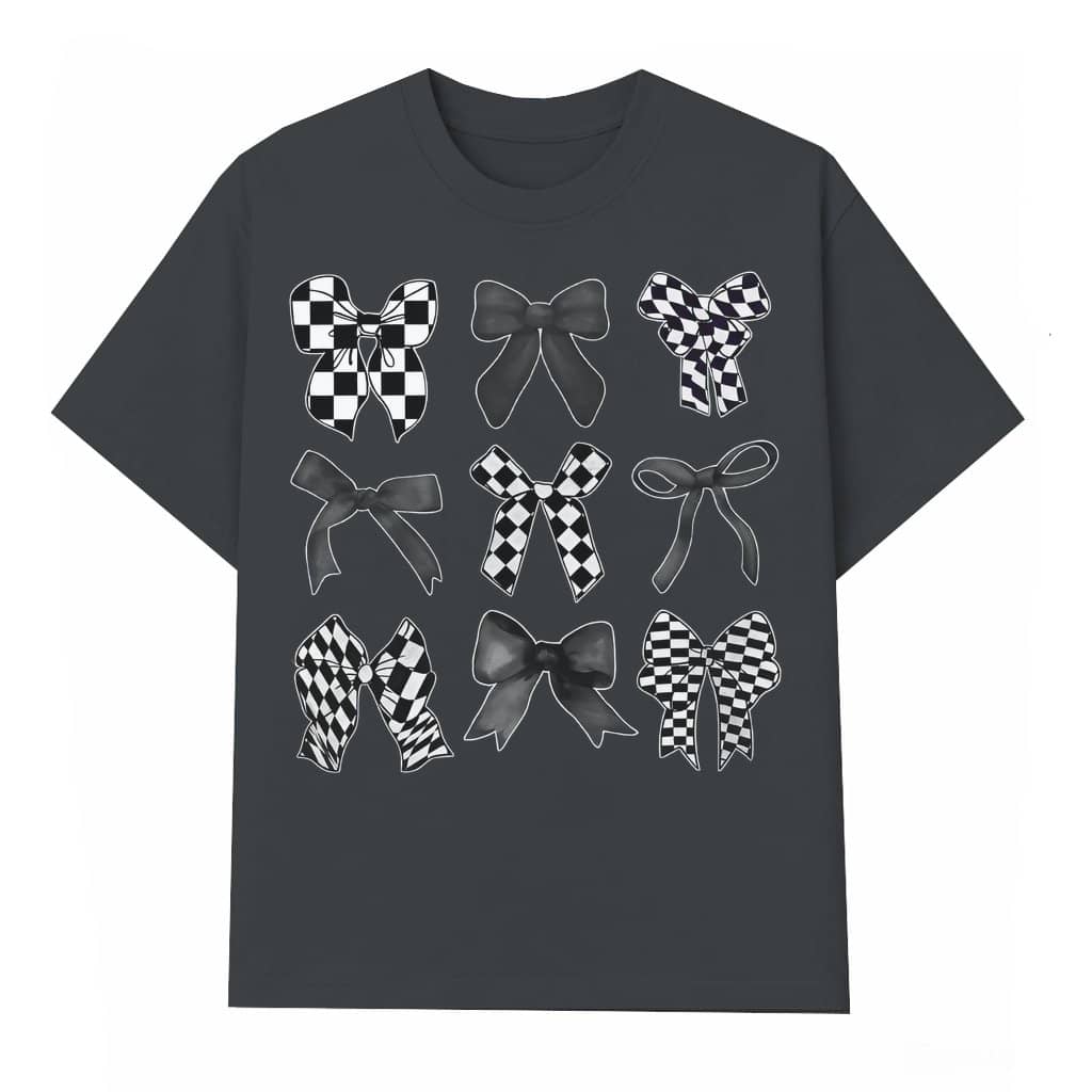 Vintage Coquette Checkered Black Bow T-shirt – Cute Aesthetic Gift for Women