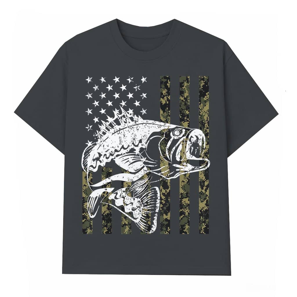 Humorous Camouflage American Flag Fishing T-shirt – Gift for Bass Fishermen