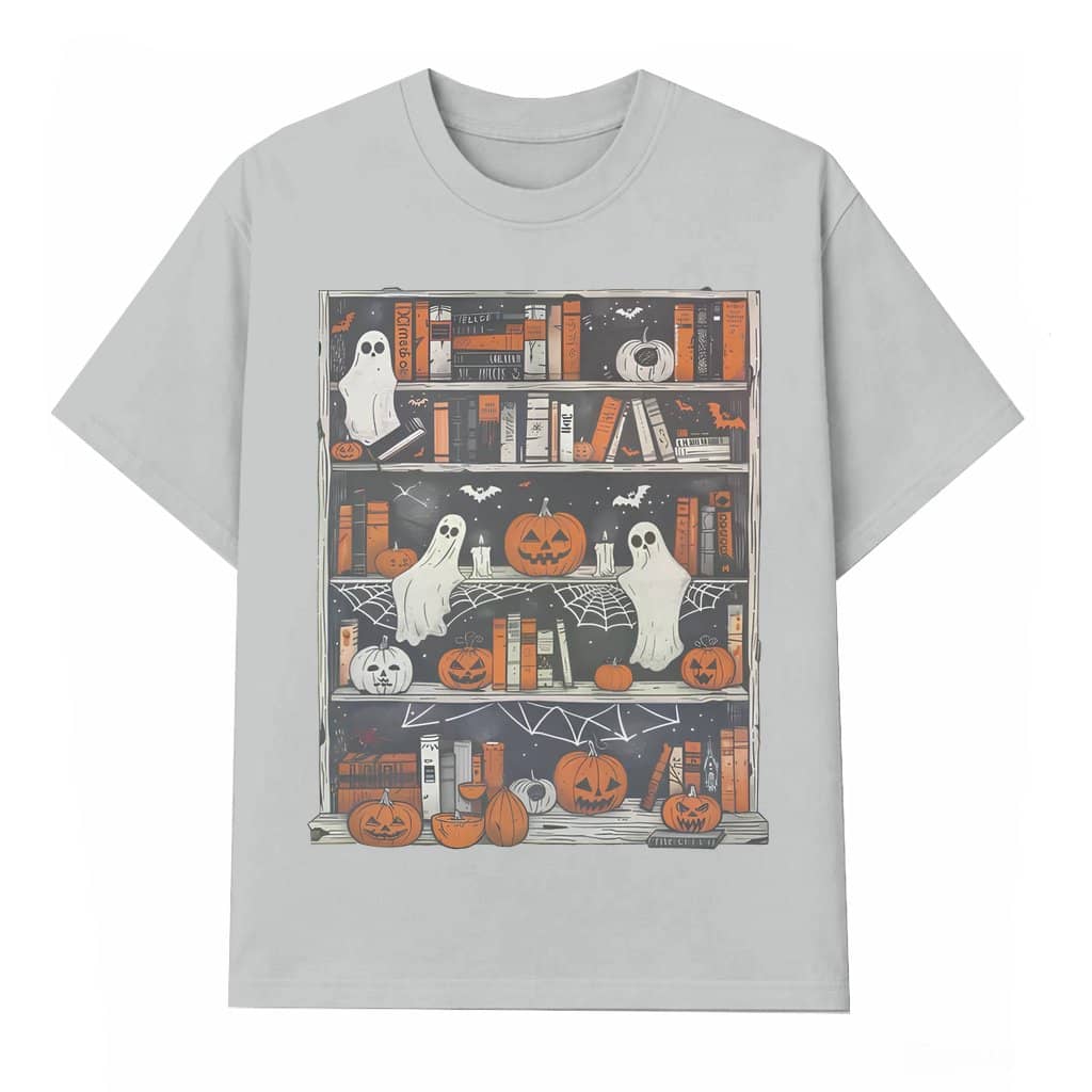 Cozy Ghost Bookcase T-shirt – Gift for Book Lovers Spooky