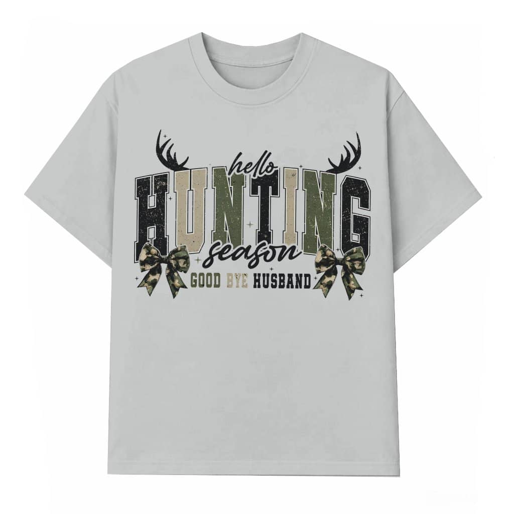 Funny Hunting Season Goodbye Husband Tee – Hunting Season Gift for Wife Camo Coquette Bow