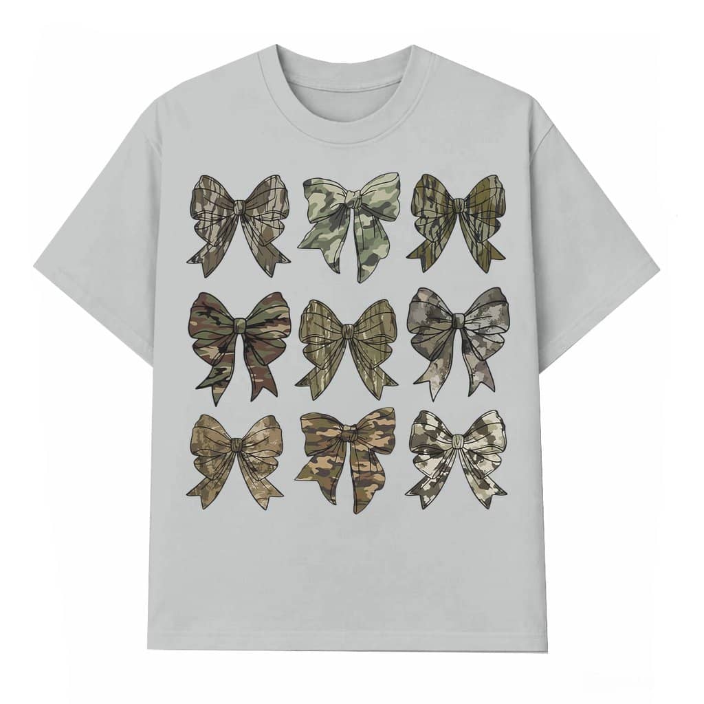 Coquette Camouflage Bow T-shirt – Fall Gift for Women Retro Style