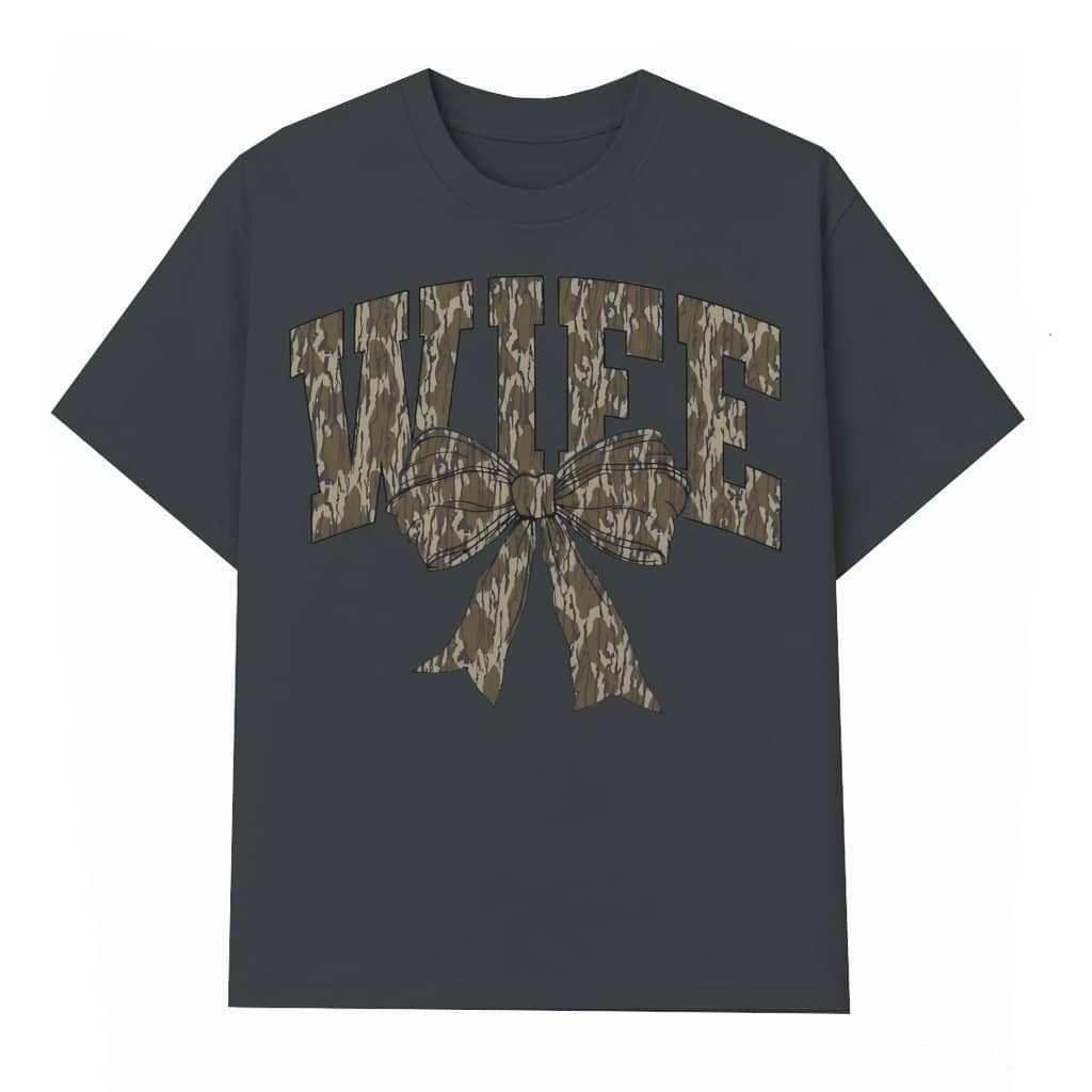 Camo Bow T-shirt – Hunting Gift for Wife Scalloped Monogram