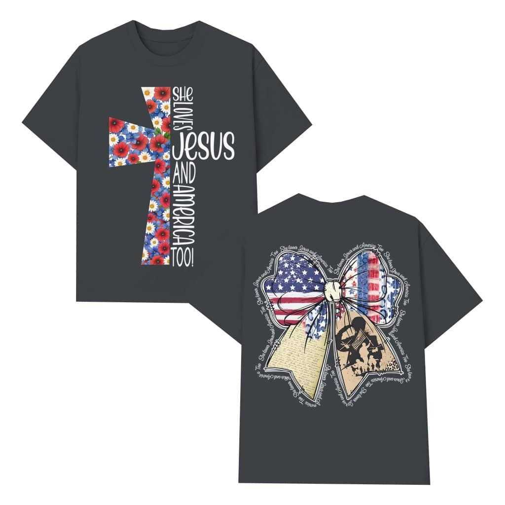 She Loves Jesus and America Too T-shirt – Patriotic Christian Gift for Women