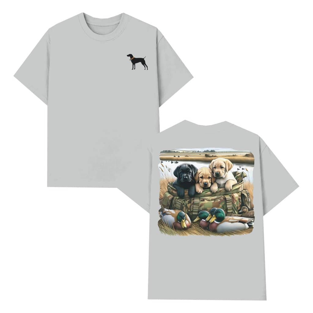 Camouflage Labrador Puppies and Mallards T-shirt – Gift for Nature Lovers 2 Sided Print
