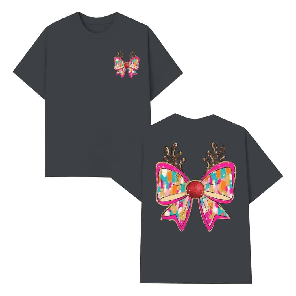 Fun Reindeer Bow T-shirt – Christmas Gift Glitter Antlers Festive