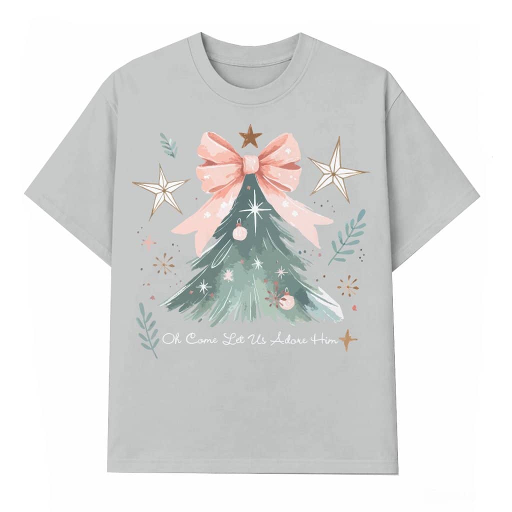 Oh Come Let Us Adore Him Jesus T-shirt – Christmas Christian Gift Watercolor Coquette Bow