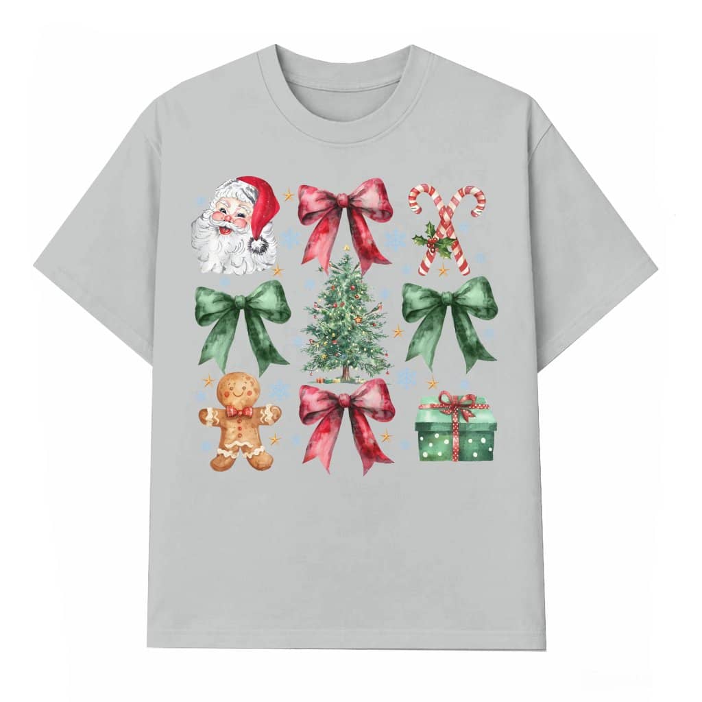 Coquette Christmas Bow Santa T-shirt – Christmas Gift for Her Retro