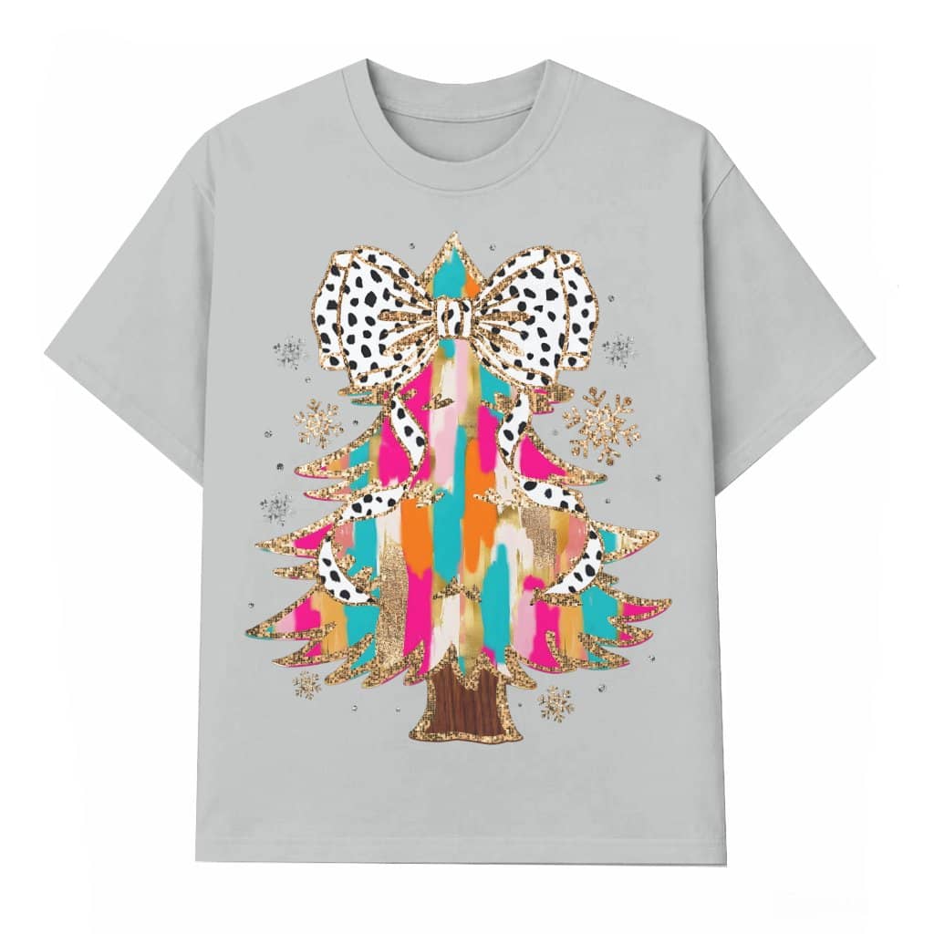 Christmas Tree Leopard Bow T-shirt – Christmas Gift for Her Festive Stylish