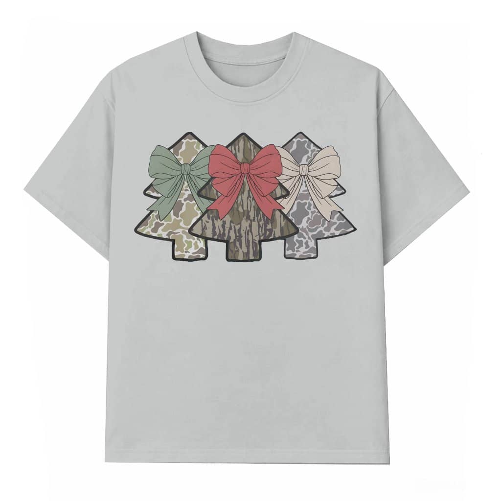 Coquette Bow Camo Christmas Trees T-shirt – Christmas Hunting Gift for Her Retro