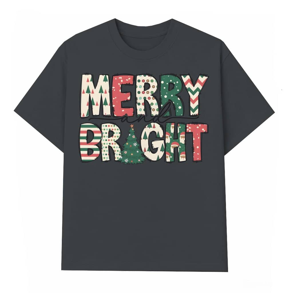 Merry and Bright T-shirt – Christmas Gift for Family Trendy Holiday