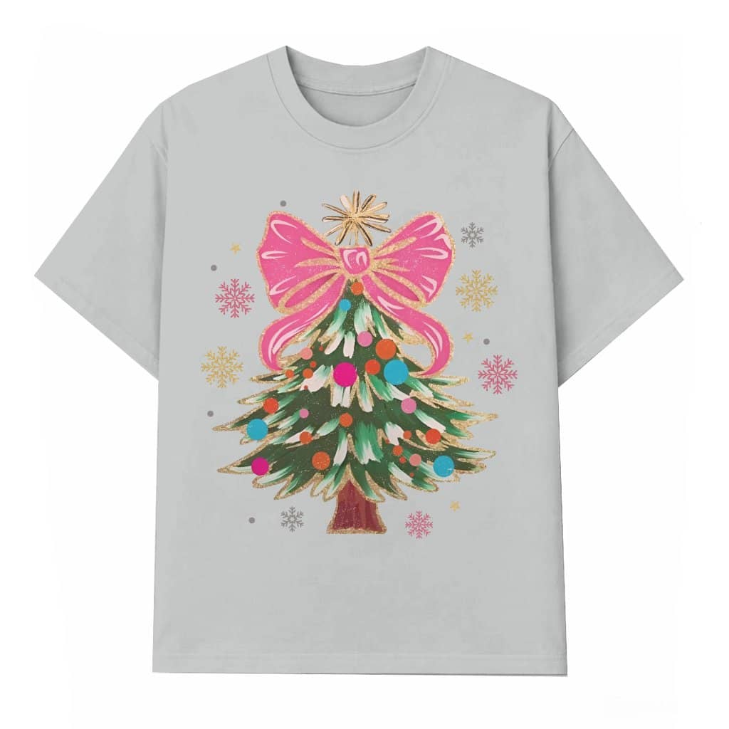 Coquette Bow Christmas Tree T-shirt – Christmas Gift for Women Cute Holiday Style