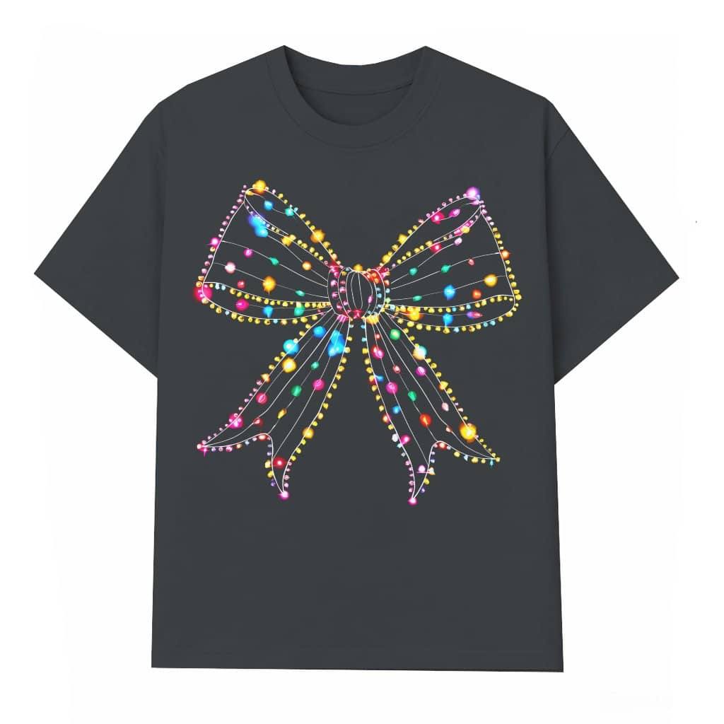 Coquette Christmas Bow T-Shirt – Christmas Gift for Women Retro Holiday Light