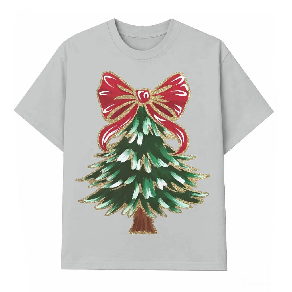 Coquette Christmas Tree T-shirt – Christmas Gift for Women Glitter Bow