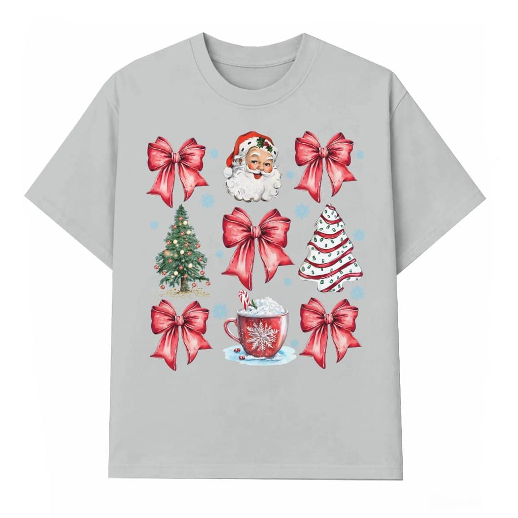 Coquette Bow Retro Santa T-shirt – Christmas Gift for Her Cute Girly Xmas Tree
