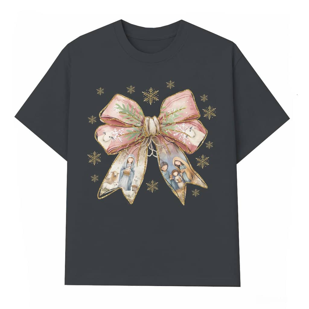 Coquette Bow Christian Baby Jesus Nativity T-shirt – Christmas Gift