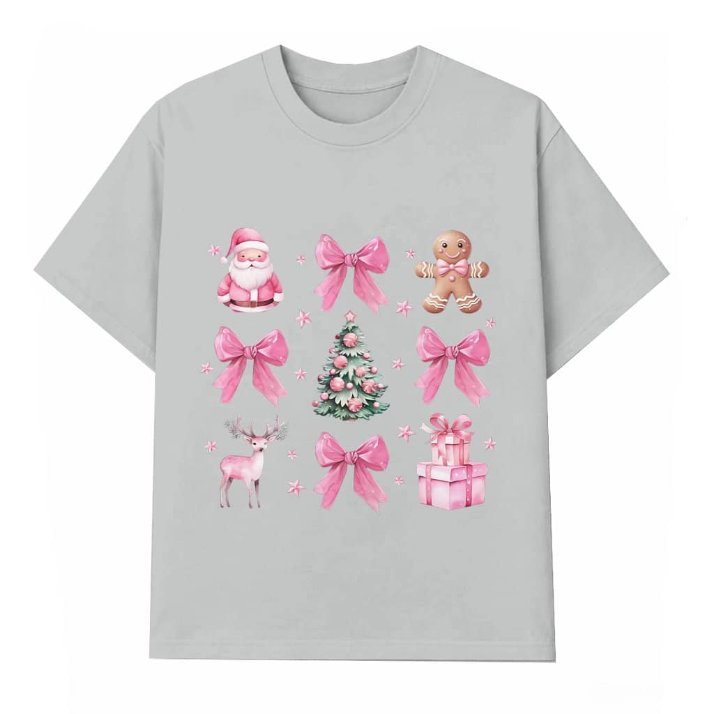Coquette Pink Vintage Bow Santa T-shirt – Christmas Gift for Her Trendy