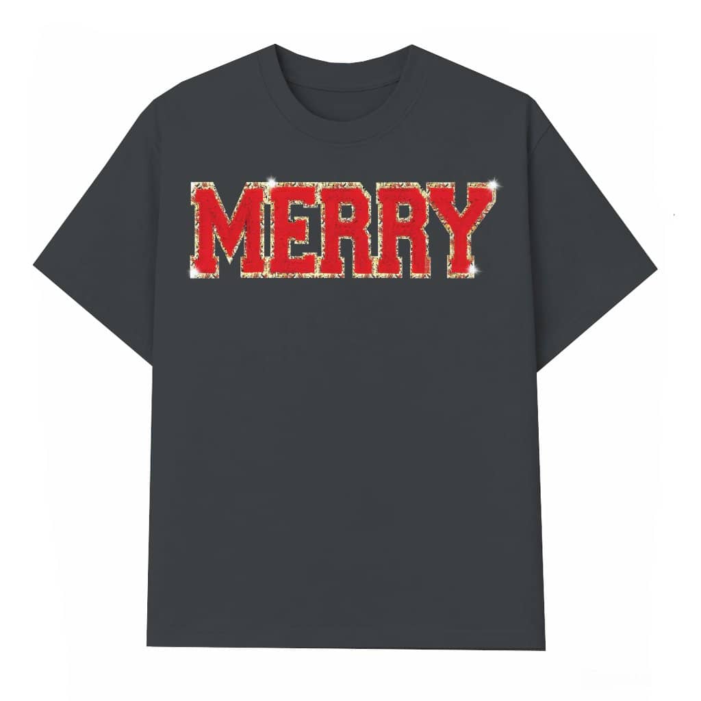 Merry Christmas Chenille Patch T-shirt – Christmas Holiday Gift