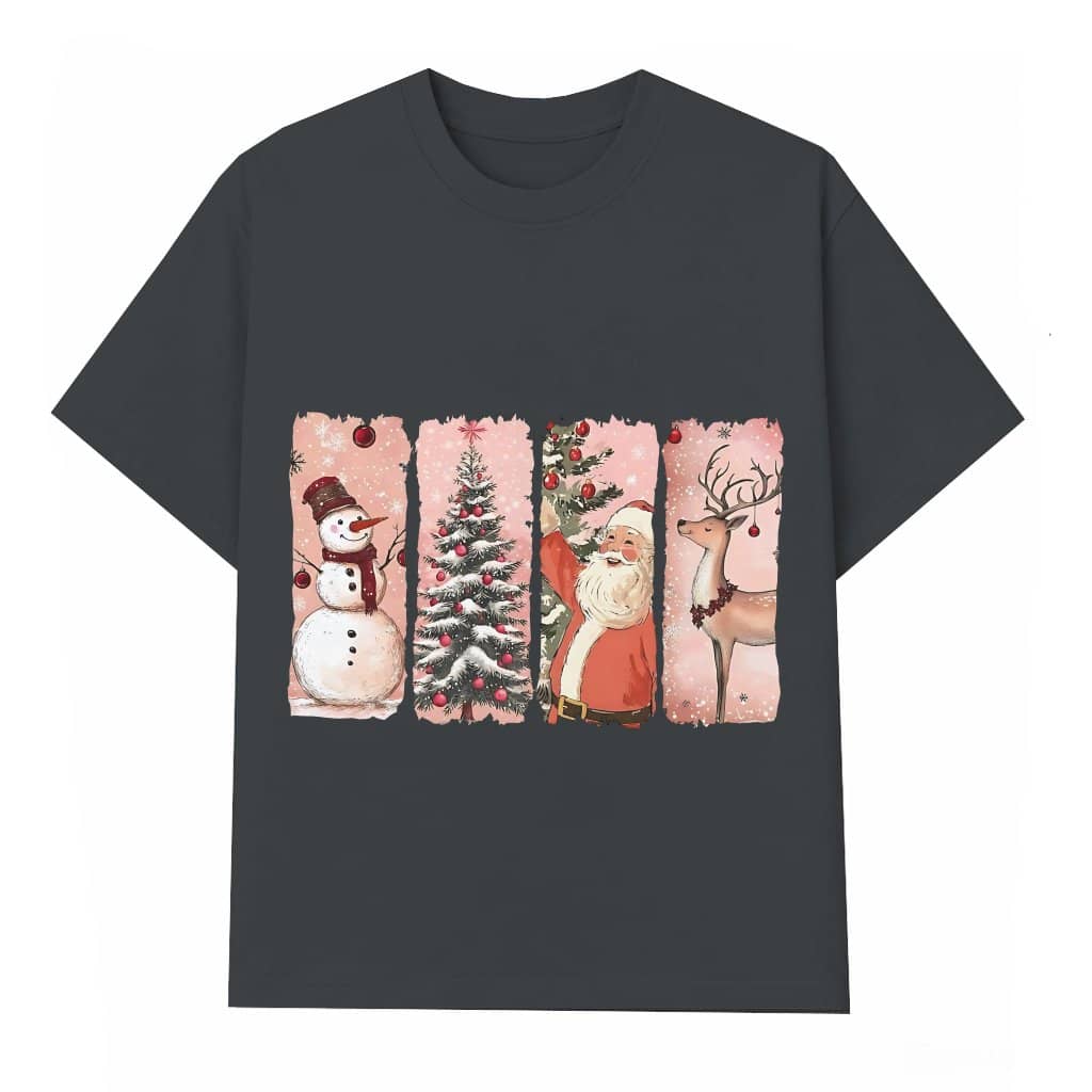 Christmas T-shirt – Retro Pink Santa Snowman Reindeer Gift