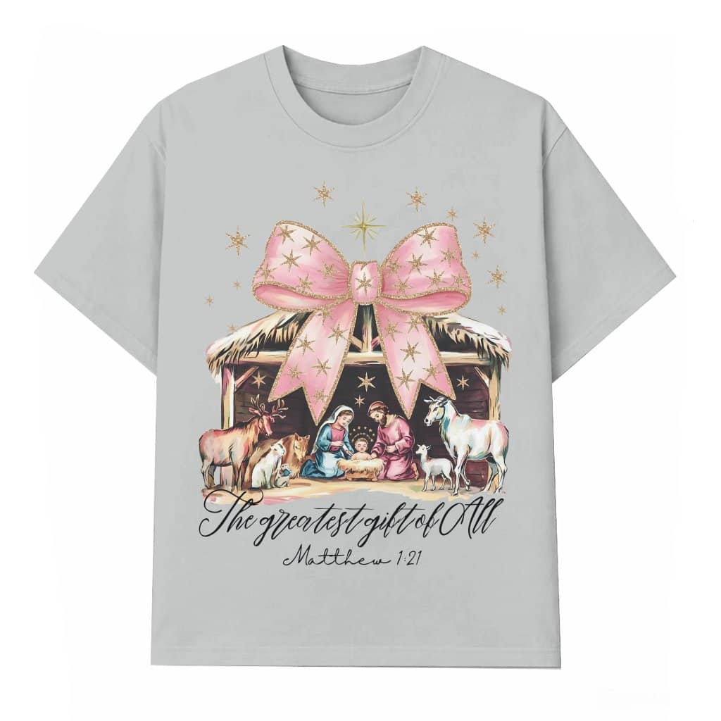 Coquette Nativity T-shirt – Christmas Gift Bow Jesus