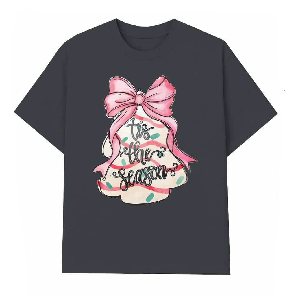 Tis The Season T-shirt – Christmas Holiday Gift Festive Bell Pink Bow