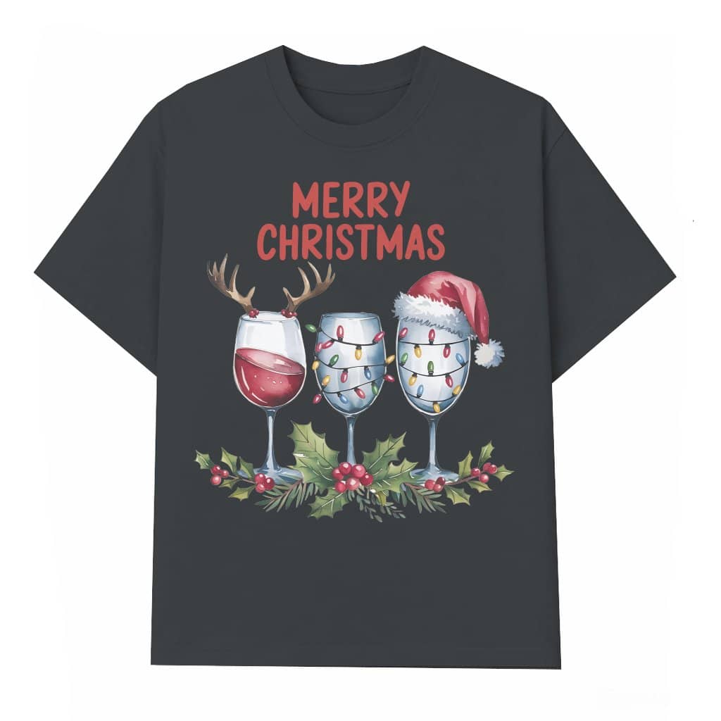 Funny Wine Glasses Santa Hat T-shirt – Christmas Gift for Her Holiday Party