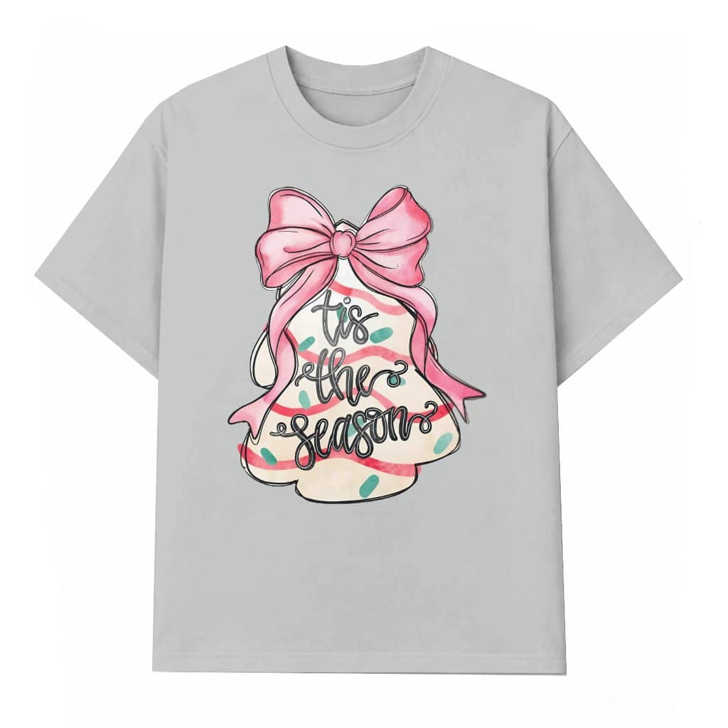 Tis the Season Festive Tree T-shirt – Christmas Gift for Unisex Pink Bow