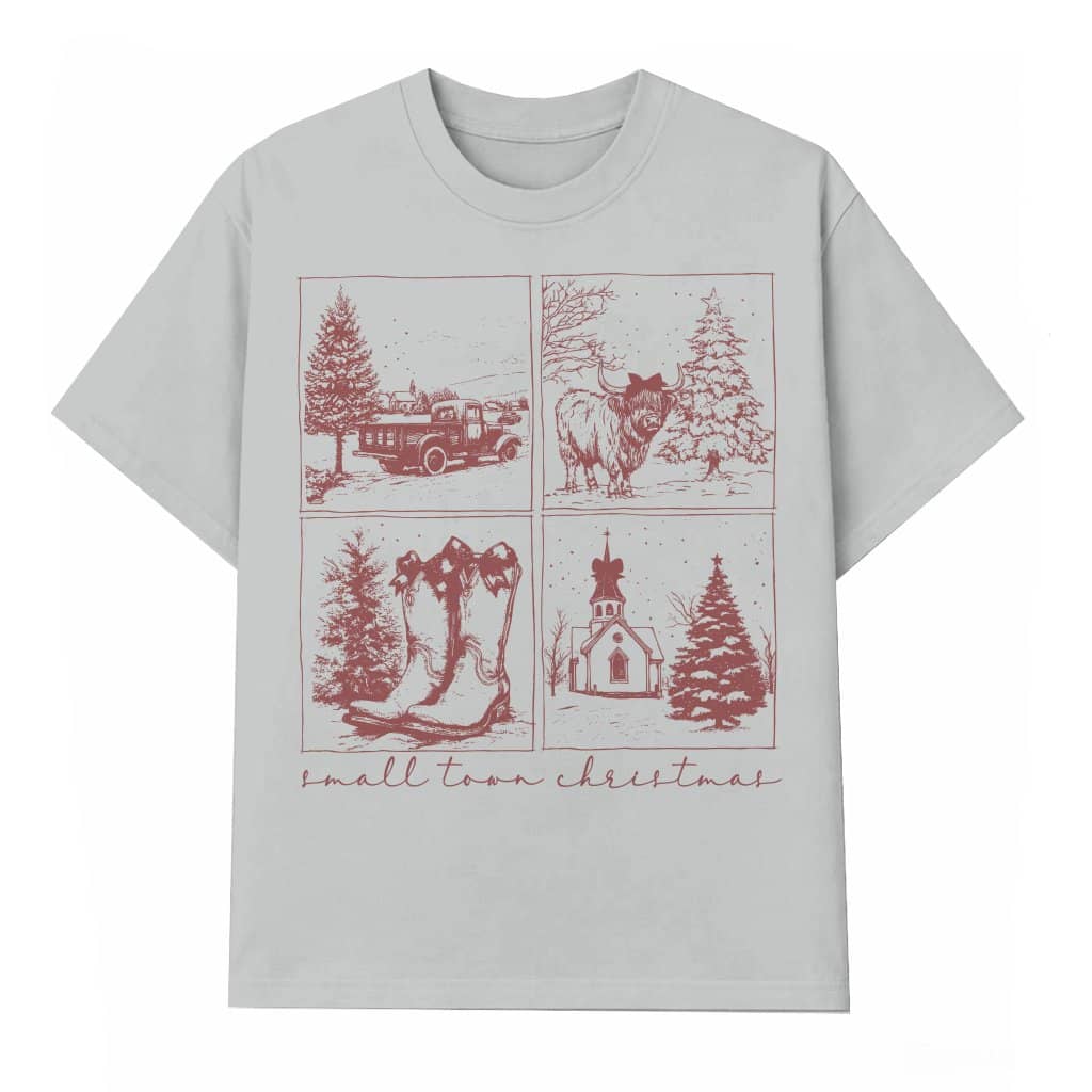 Small Town Christmas Highland Cow T-shirt – Christmas Gift Vintage Western Style