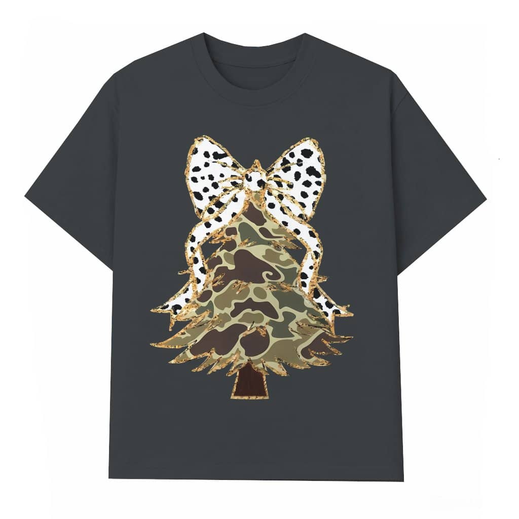 Camo Coquette Bow T-shirt – Christmas Glitter Tree Gift for Her Vintage