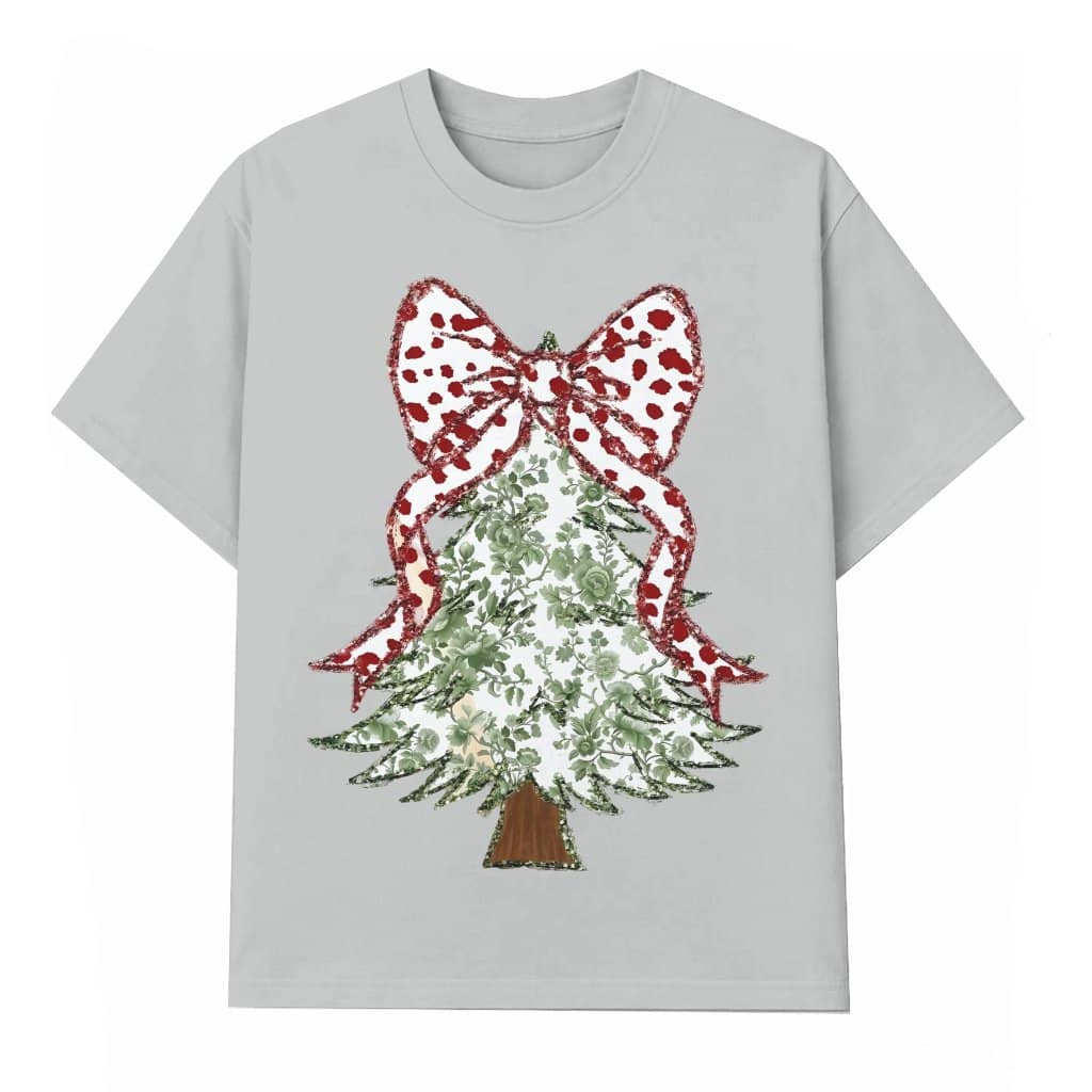 Coquette Floral Pine Tree Bow T-shirt – Christmas Gift for Women