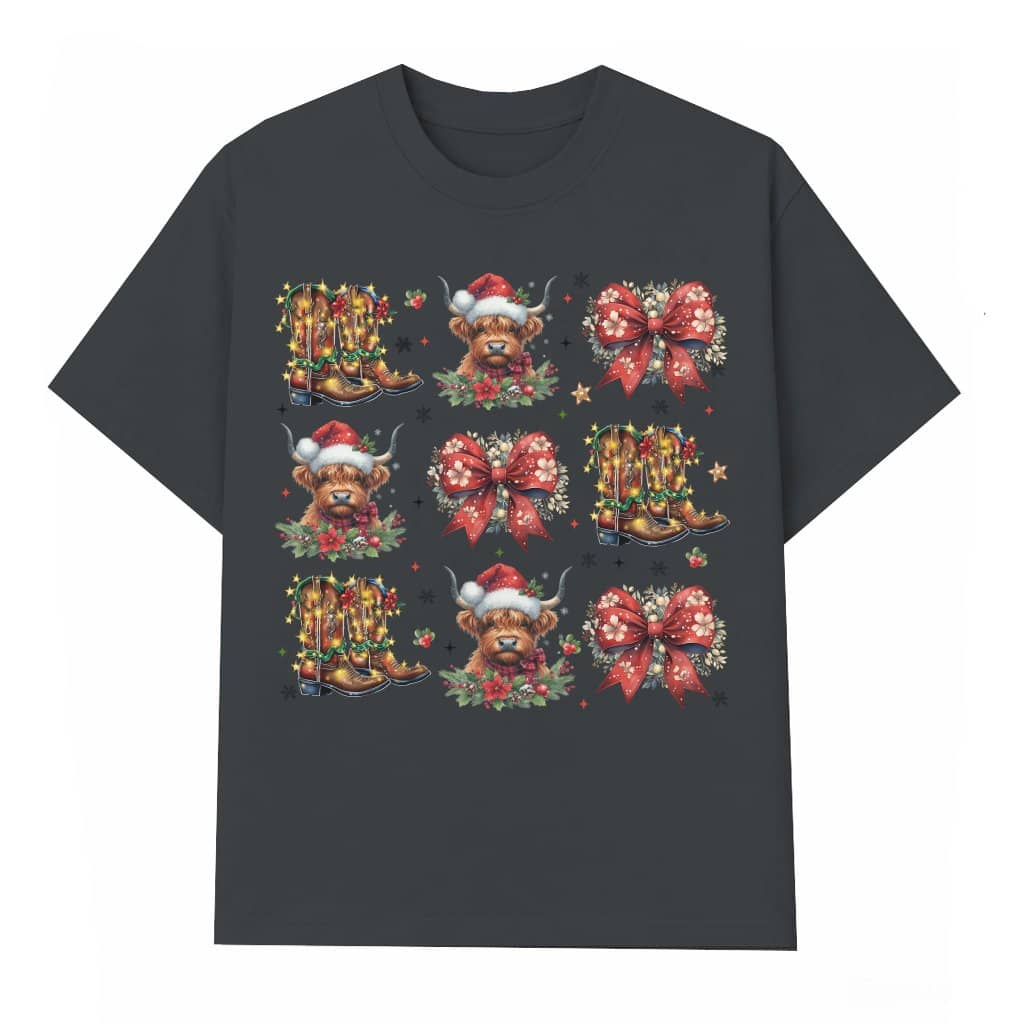 Cute Highland Cow T-shirt – Christmas Gift for Her Red Boots Bows Festive