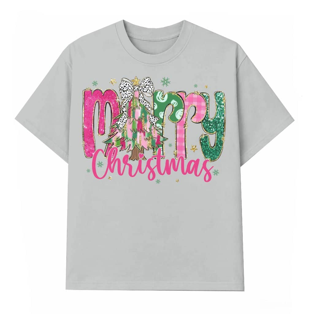 Merry Christmas Glitter Pink T-shirt – Christmas Gift for Men Women