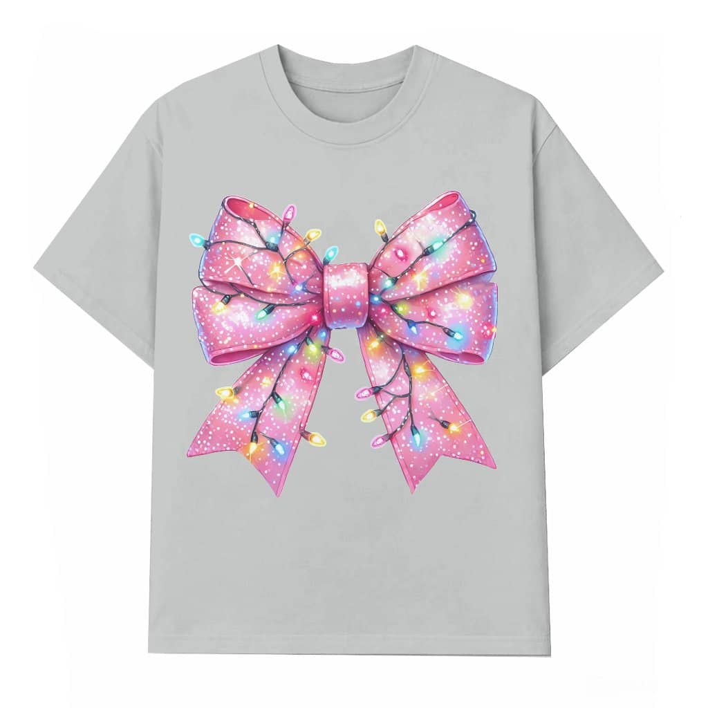 Bowknot Print T-shirt – Christmas Thanksgiving Gift for Women Cute Drop Shoulder