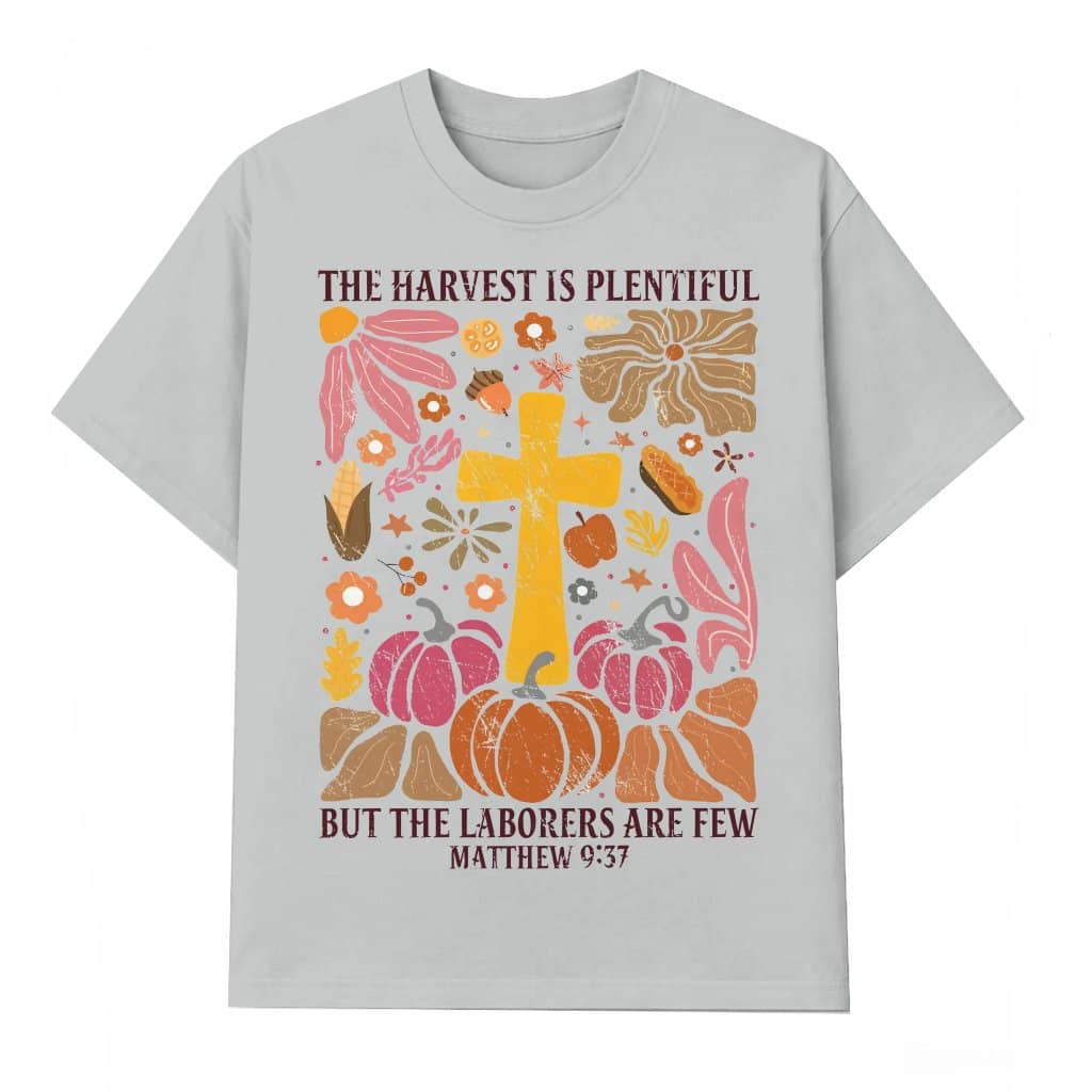 Christian T-shirt – Plentiful Harvest Autumn Gift Jesus Cross Floral Pumpkins