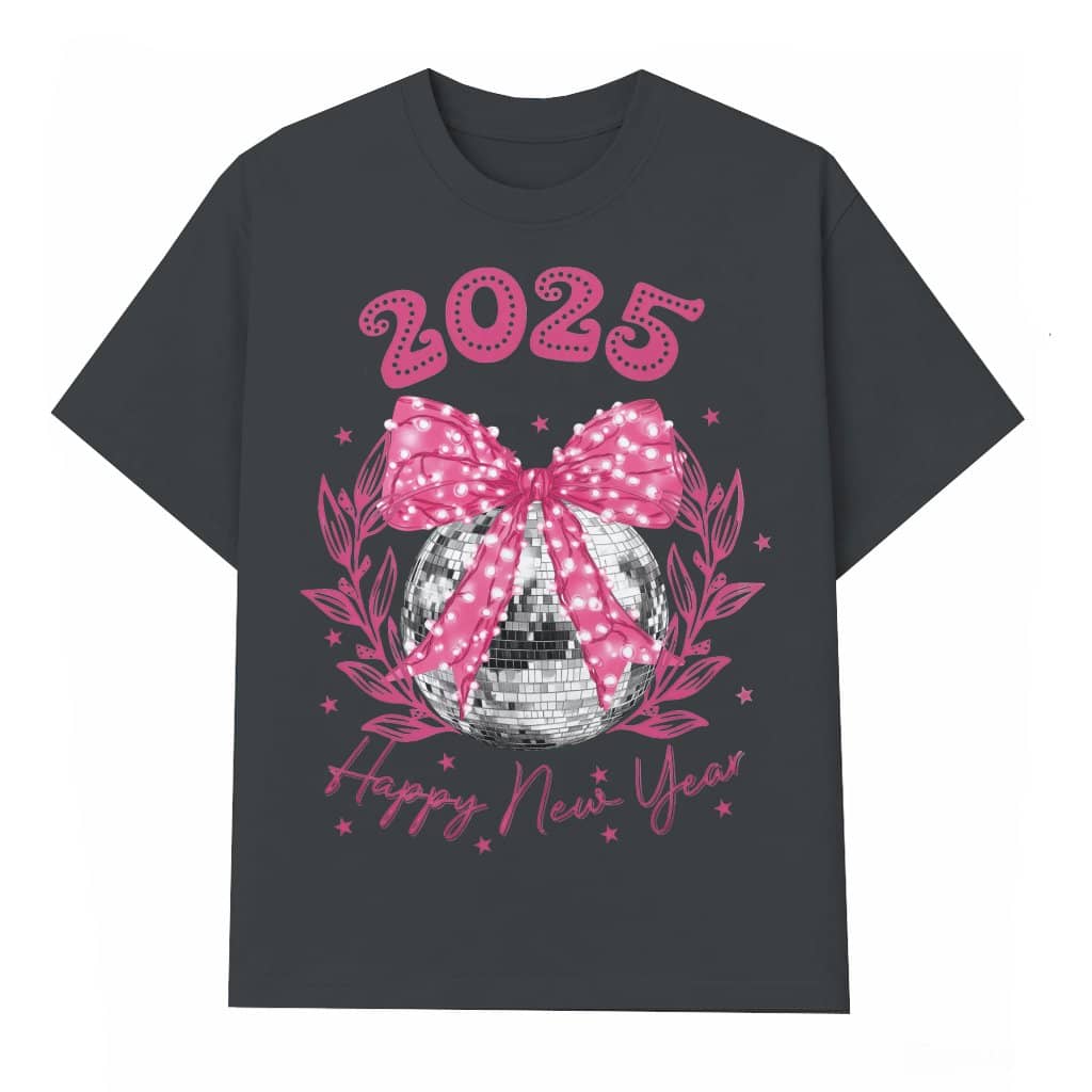 Happy New Year 2025 Disco Ball Tee – New Year's Eve Gift Coquette Pink Bow
