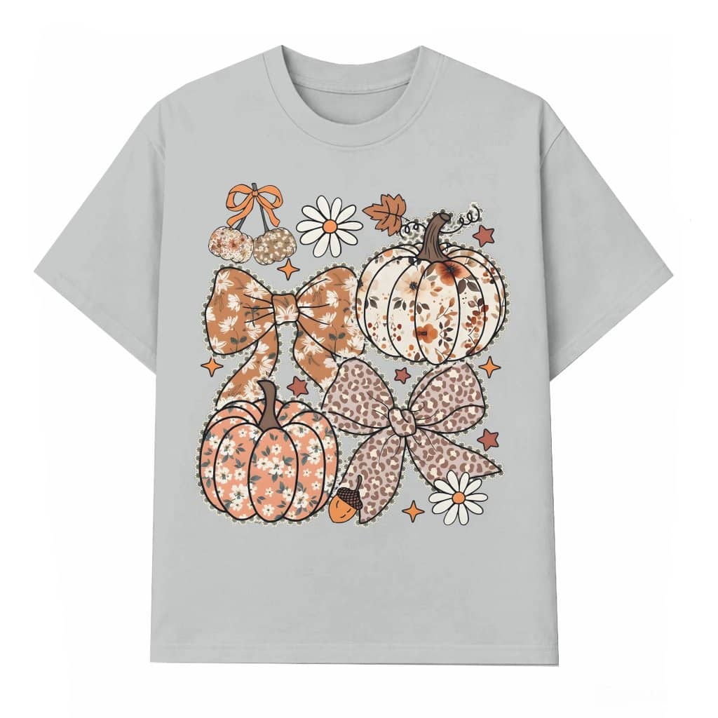 Floral Pumpkin T-shirt – Fall Gift for Women Coquette Bow