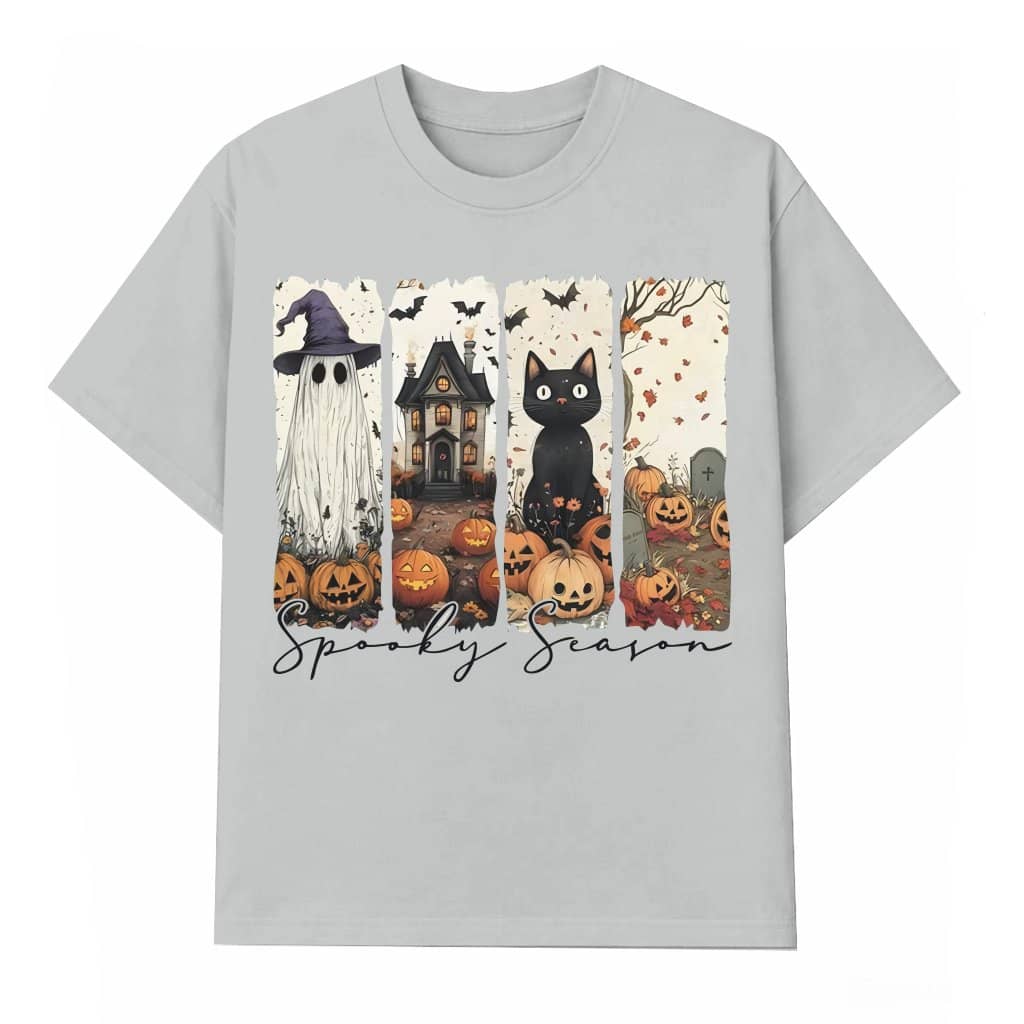 Spooky Season Stripes T-shirt – Halloween Gift Cat Ghost Pumpkins Witch Design