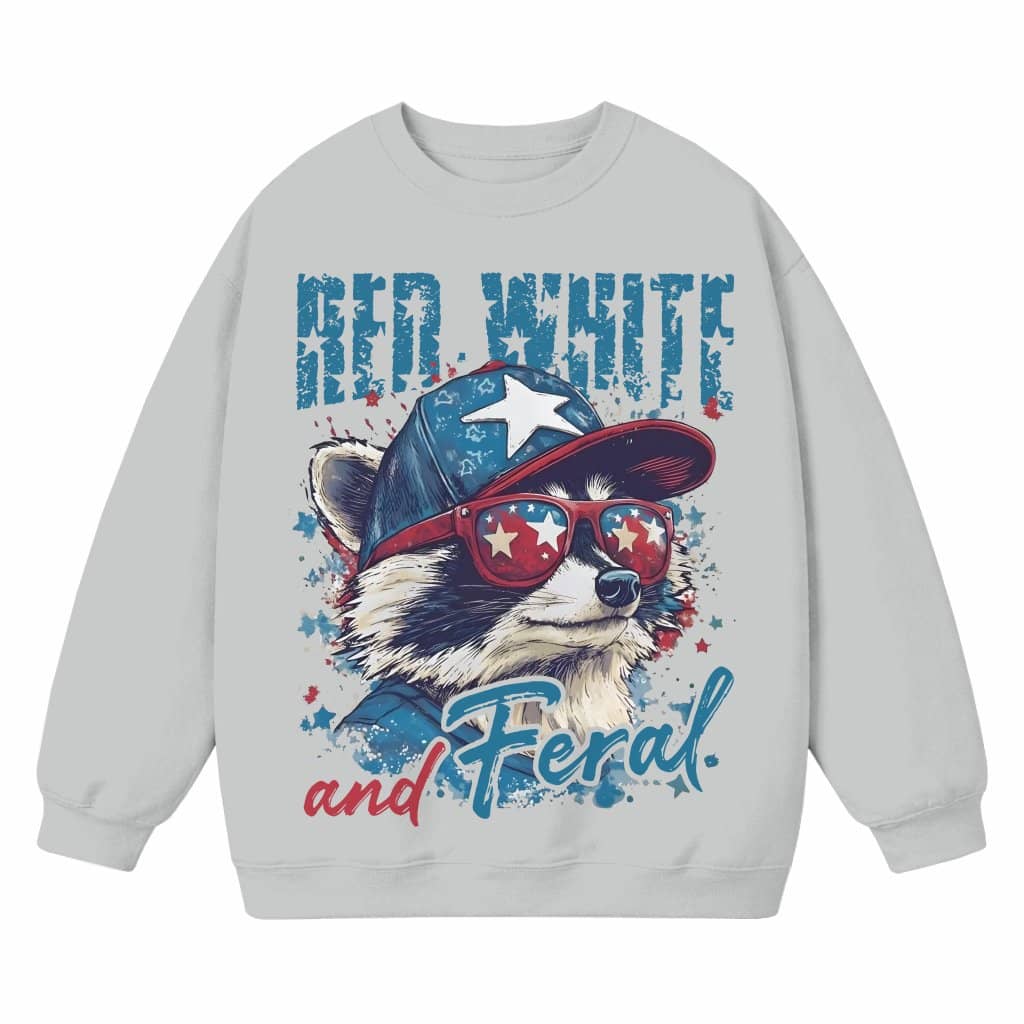 Red White and Feral Sweatshirt – 4th of July Patriotic Gift Funny Raccoon Hot Dog
